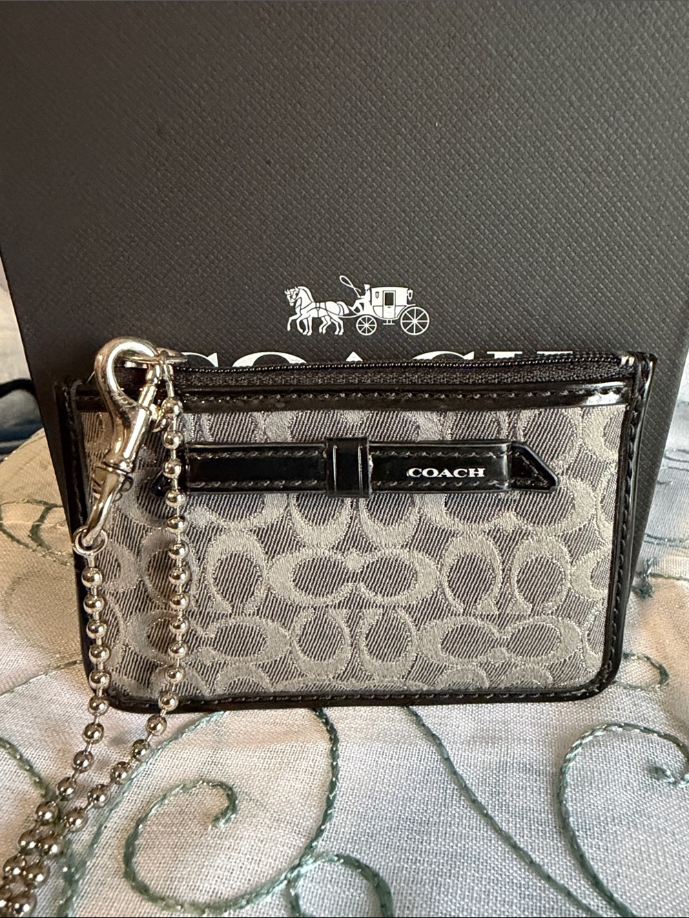COACH Poppy Signature Card Case with Black Patent Trim and Chain
